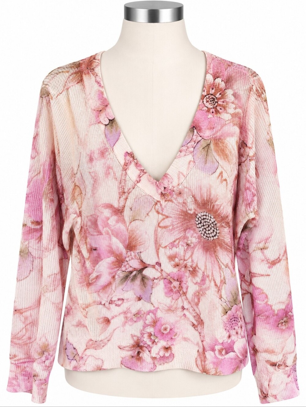 Anthropologie The Dreamer Floral Linen Blend V-Neck Sweater Pink Orange Women's